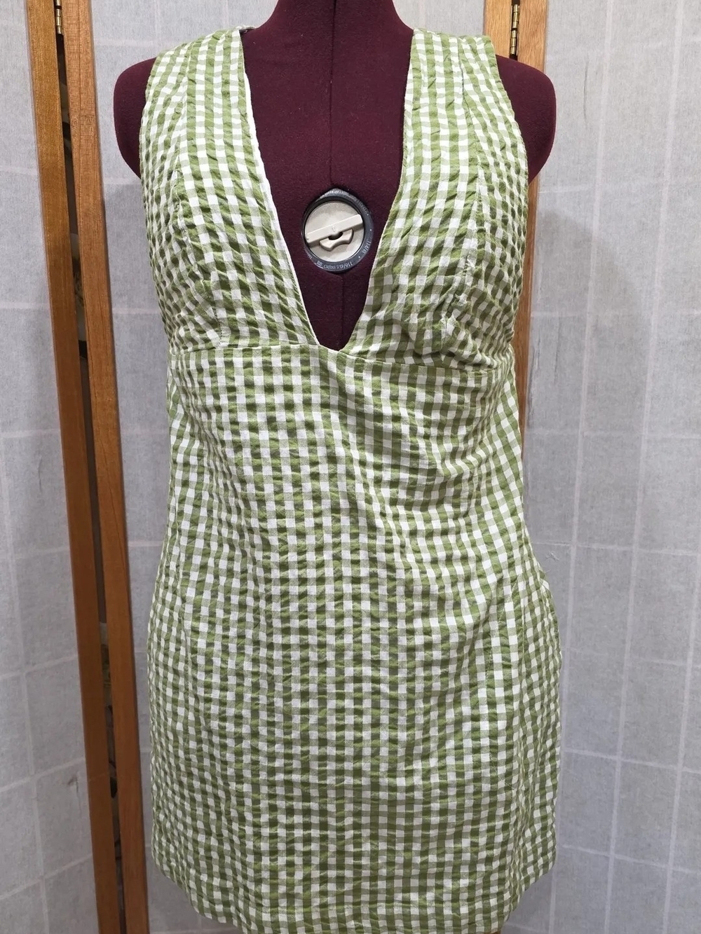 Free People Green and White Gingham V-Neck Sundress